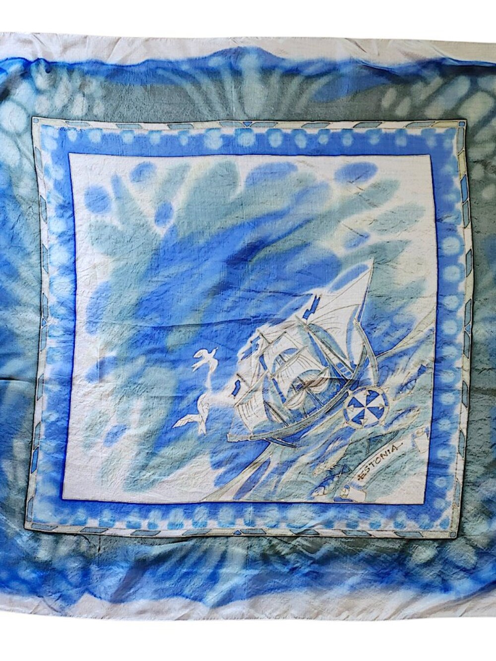 Blue Silk Square Estonia Scarf with Sailing Scene